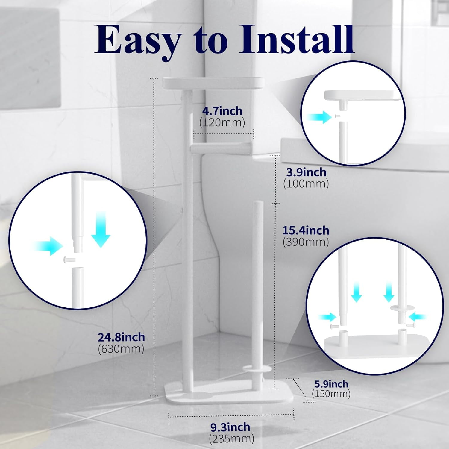 4-Roll Free-Standing Toilet Paper Holder - Rustproof Metal Stand with Anti-Slip Base & Phone Shelf, Black Bathroom Storage Organizer