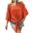 thumbnail image 2 of QUNYINEY Solid Women Tops Off Shoulder Short Sleeve Casual Shirts Tie Front Loose Summer Pullover Shirts for Women, 2 of 7