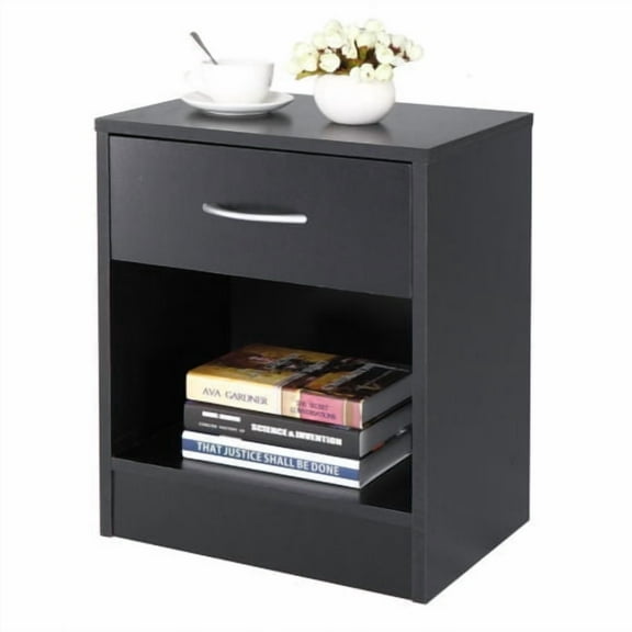 LYYHTY Set of 2 Wood Bedside Tables Nightstands with Storage Drawer & Open Shelf, Black End Tables for Bedroom