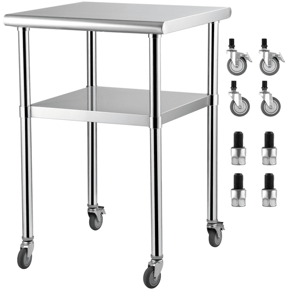 Stainless Steel Prep Table 24x24x36 Inch, 600lbs Capacity, Heavy Duty Metal Work Table with Adjustable Shelf & Wheels, Kitchen Prep Station