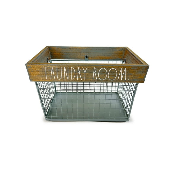 Rae Dunn Panier à Linge en Fil Métallique - Bac en Bois Gris et Métal - Panier Décoratif pour Placard de Cuisine et Plus - Accessoires de Buanderie Brun Foncé /in