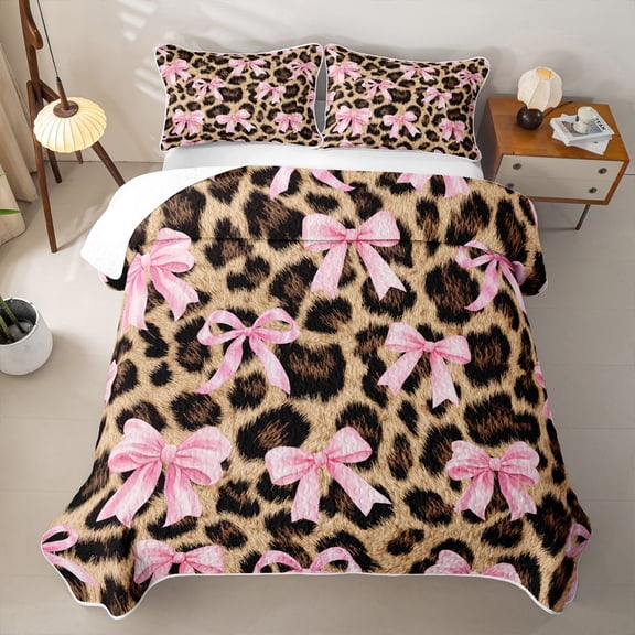 spefrowx Leopard Print Bow Twin Quilt Set for Girls Boys, Pink Brown Ribbon Twin Coverlet Set, 2 Pieces