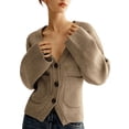 thumbnail image 3 of Womens Deep V Neck Cardigan Sweaters Open Front Long Sleeve Cropped Knit Coats with Pockets Camel Color S, 3 of 10