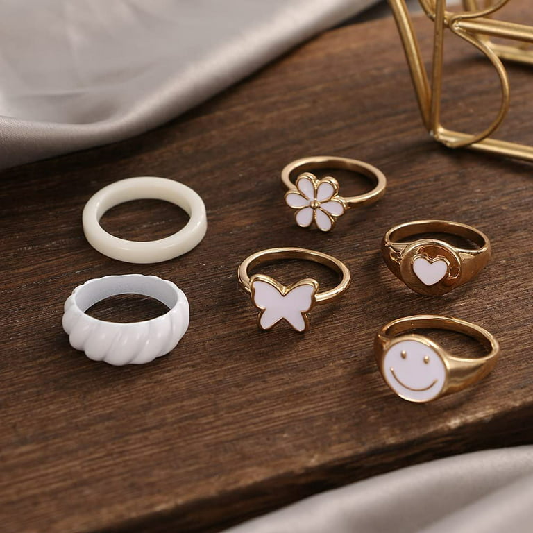 Yazi Cute Rings Aesthetic Rings for Girls Women Y2K Preppy Jewelry  Stackable Joint Finger Rings for Teen Girls Gold White Pink Green Rings Set  Smiley Face Butterfly Flower Rings Pack Gift for