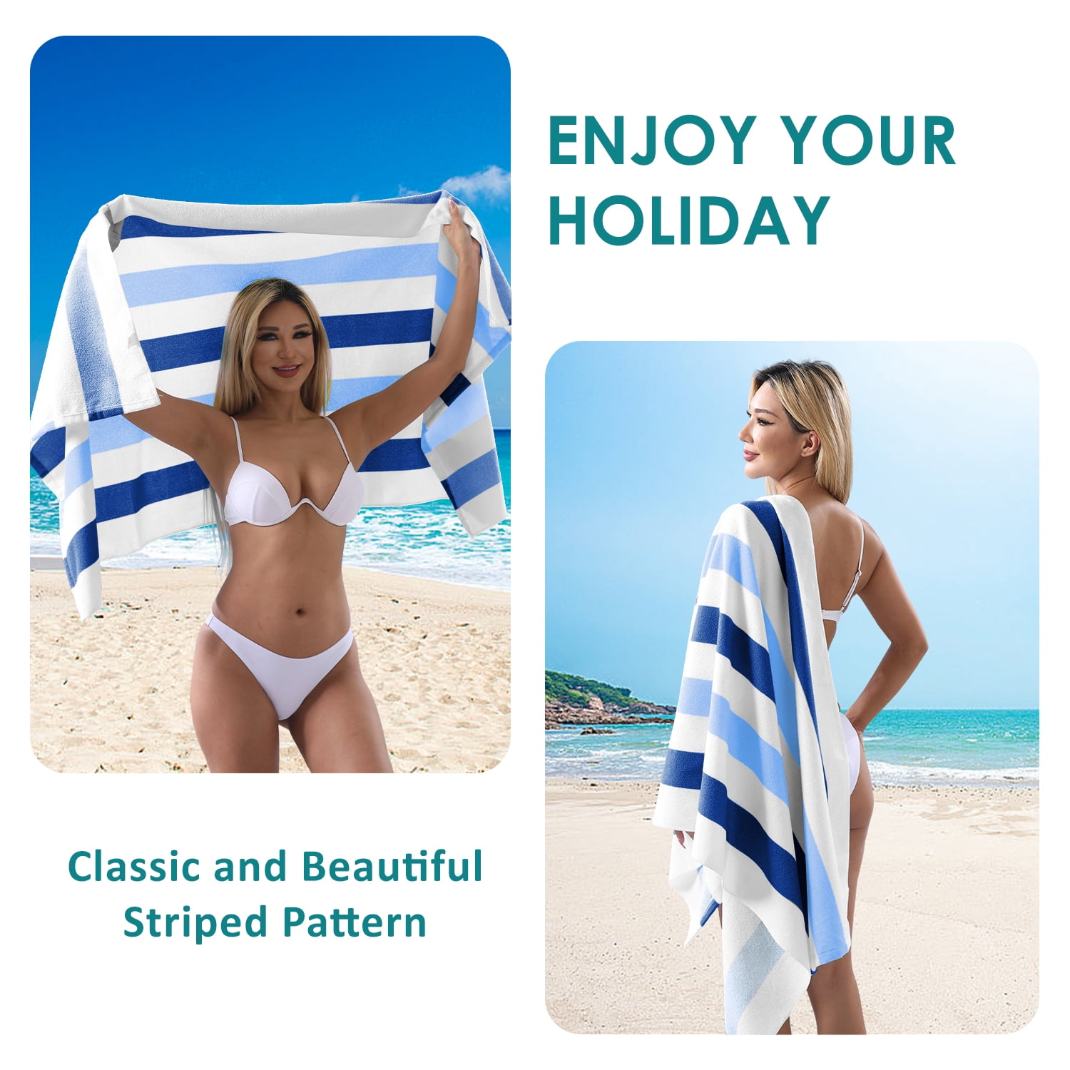 Smuge 4 Pack Cabana Stripe Beach Towels, 60x30 inches Microfiber Lightweight Outdoor Large Swim Towel for Adults (Navy Blue)