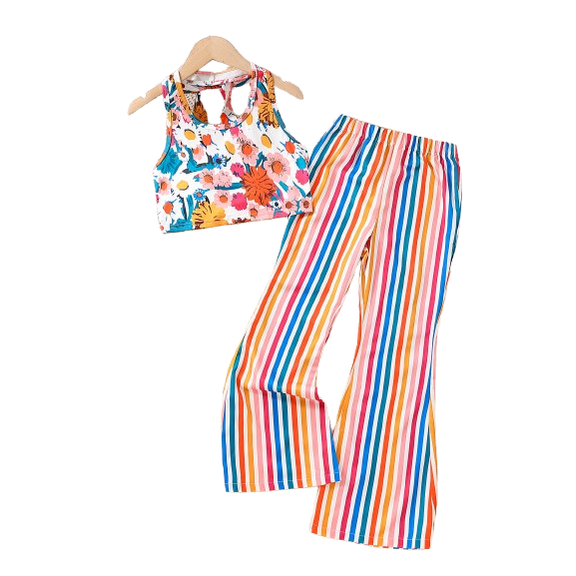 PureChapter Girls Clothing Sets Floral Print Racerback Cutout Tank Top & Striped Flare Pants Summer Casual Boho 2 Piece Outfit For 8-12Y