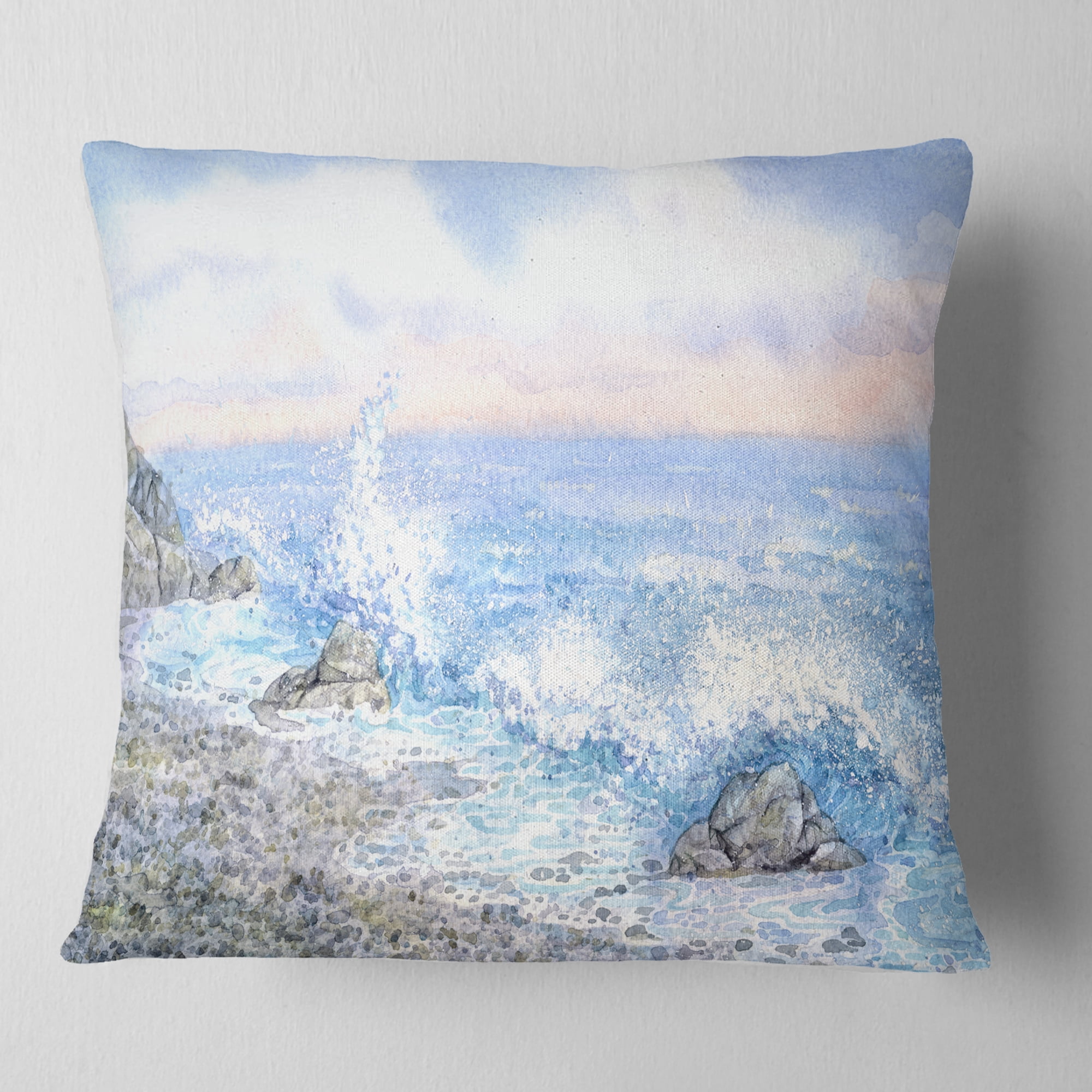 Designart Blue Watercolor Waters - Seascape Throw Pillow - 16x16