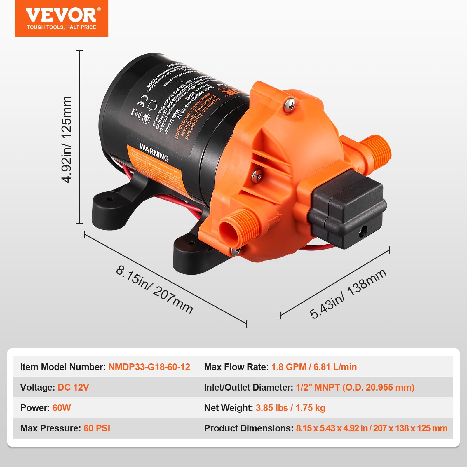 VEVOR 12V Diaphragm Pump, 1.8 GPM (6.81 L/min), 3-Chamber 12 Volt DC Water Pump with Automatic Pressure Switch 40-100 PSI Adjustable, 60 PSI, 1/2'' MNPT Port, for RV Yacht Food Truck Camper Marine