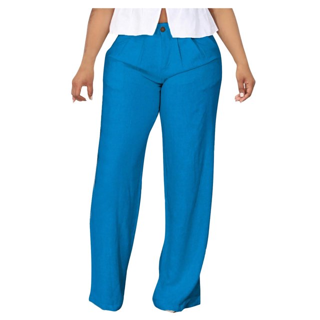 FAIWAD Cotton Linen Pants for Womens High Waisted Straight Lounge Button Up Plus Size Trousers