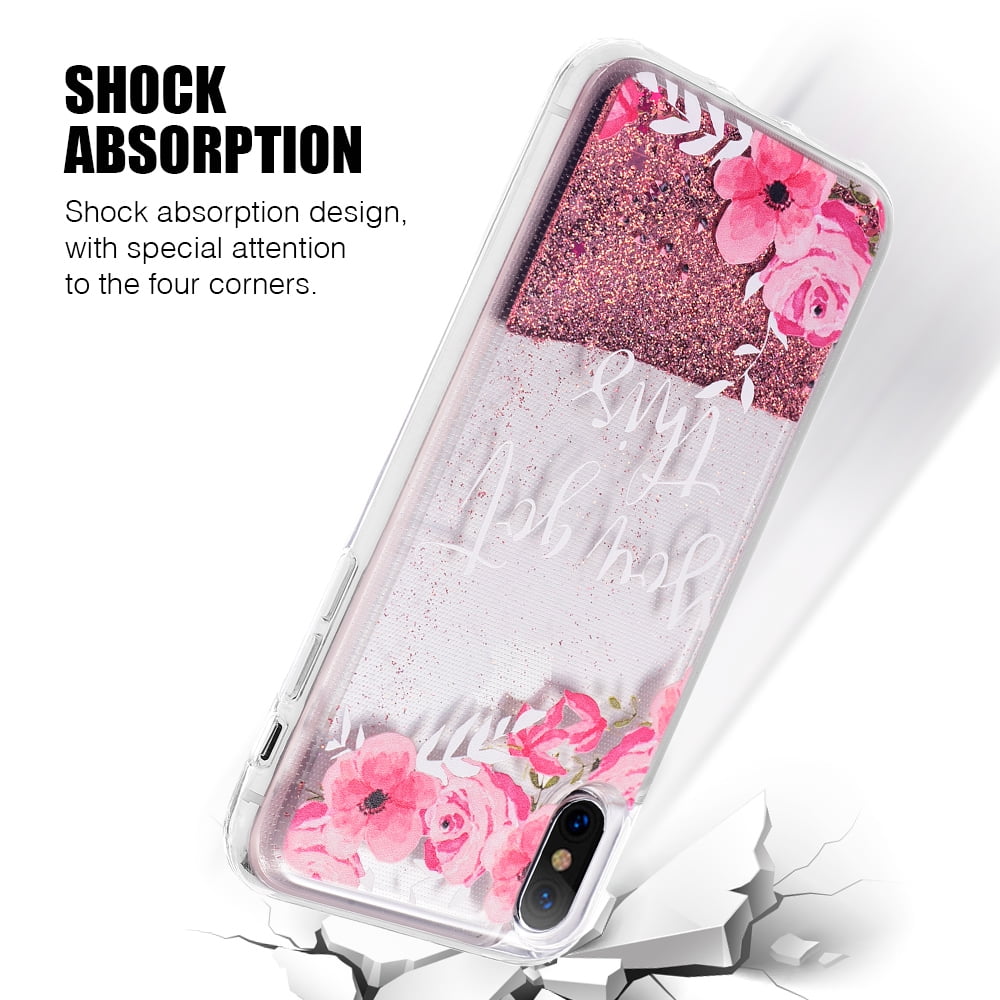 3D Winter Sparkle Glitter Waterfall Phone Case (Pink Flower) for Apple iPhone XS/X - Interactive Water Liquid Cascade Floating Snow Globe Dynamic Transparent Smartphone Cover - Floral Motivation Quote