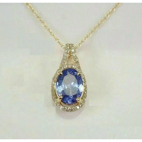 2Ct Oval Cut Blue Tanzanite Diamond Halo Pendant Necklace 14K Yellow Gold Finish