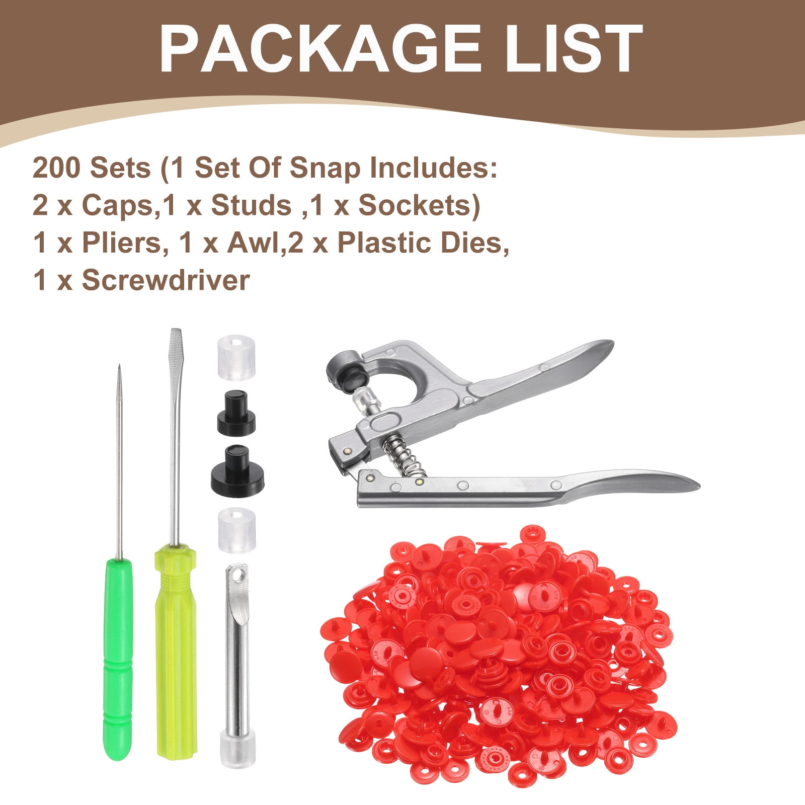 Uxcell Plastic Snaps Fasteners with Snap Pliers, 200 Set T3 Round Resin No-Sew Button Snap Fasteners Kit Red