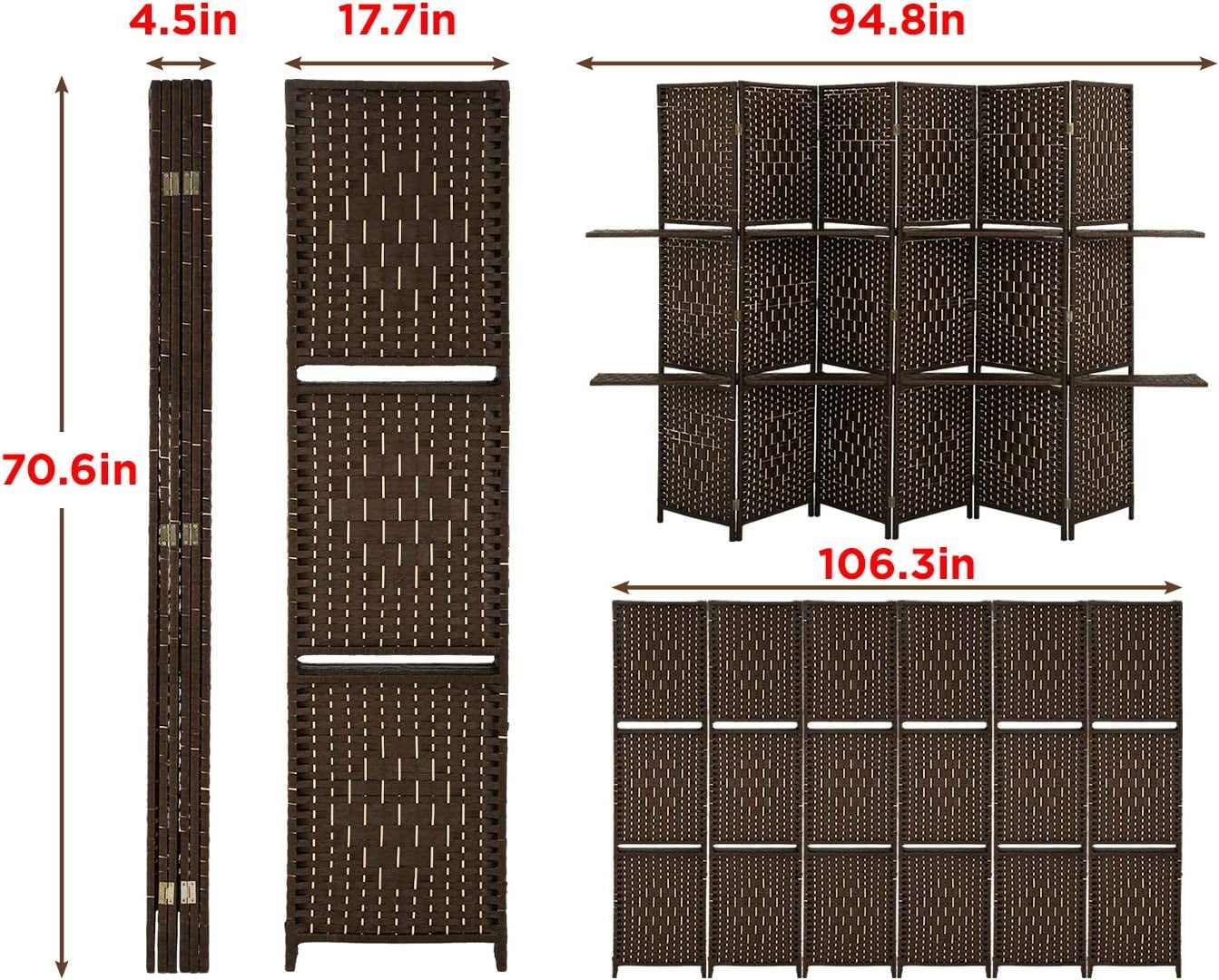 FDW 6 Panel Room Divider Wooden Portable Partition Screen Wood with Removable Storage Shelves Color, Brown