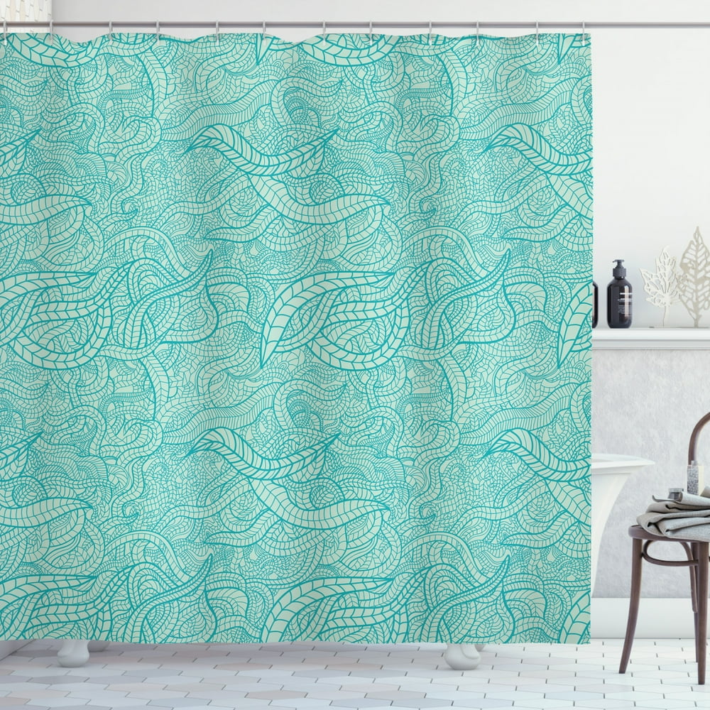 Aqua Shower Curtain, Vintage Botanic Nature Leaves Veins Swirls Ivy