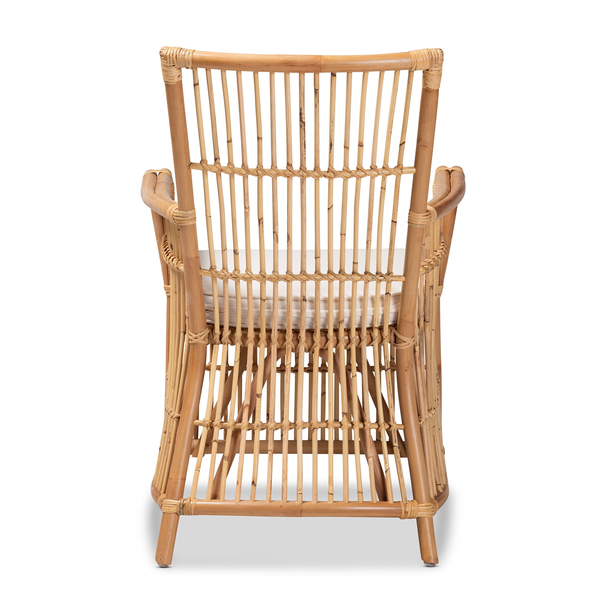 bali & pari Rose Modern Bohemian White Fabric Upholstered and Natural Brown Rattan Armchair