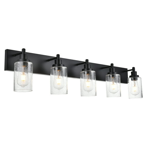 MELUCEE 5-Light Farmhouse Bathroom Light Fixtures Black Finish with Seeded Glass Shade
