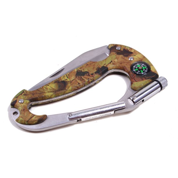Stainless Steel Mini Multi Tool Carabiner Clip, Compass, LED Flashlight Pocket Knife