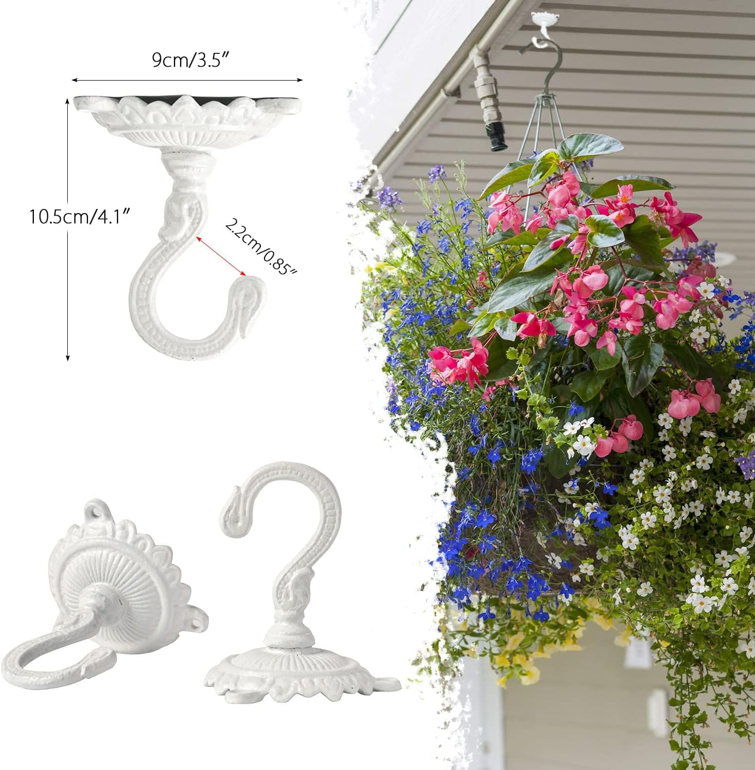 Sungmor Ceiling Hooks for Hanging Plants, 2PC White Cast Iron Ceiling Hooks, Antique Decorative Ceiling Swag Hooks for Hanging Planter Chandelier Wind Chime Lantern Hanger