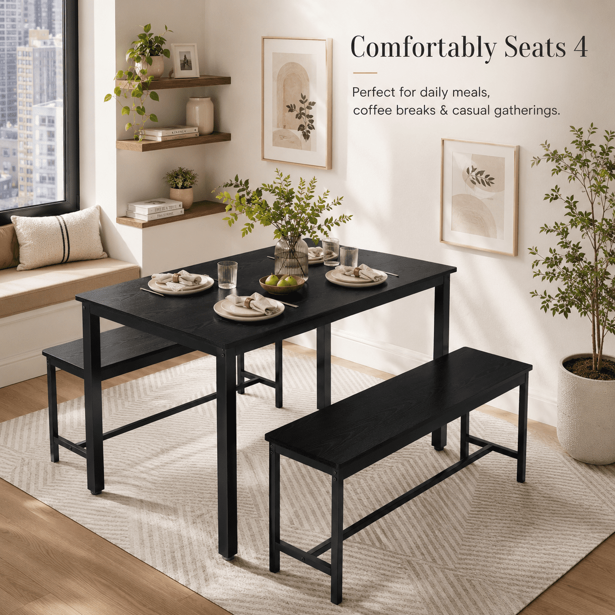 Aukfa 3-Piece Dining Table Set for 4, Kitchen Table with 2 Benches, Space-Saving Dining Room Table Set for Small Spaces,Black