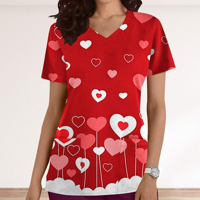 TIMIFIS Haut de Sarrau Rouge Femme Imprimé Mode Col en V Décontracté Manches Courtes Imprimé Poches Hauts pour Dames Blouse avec Poches-Rouge Imprimé s