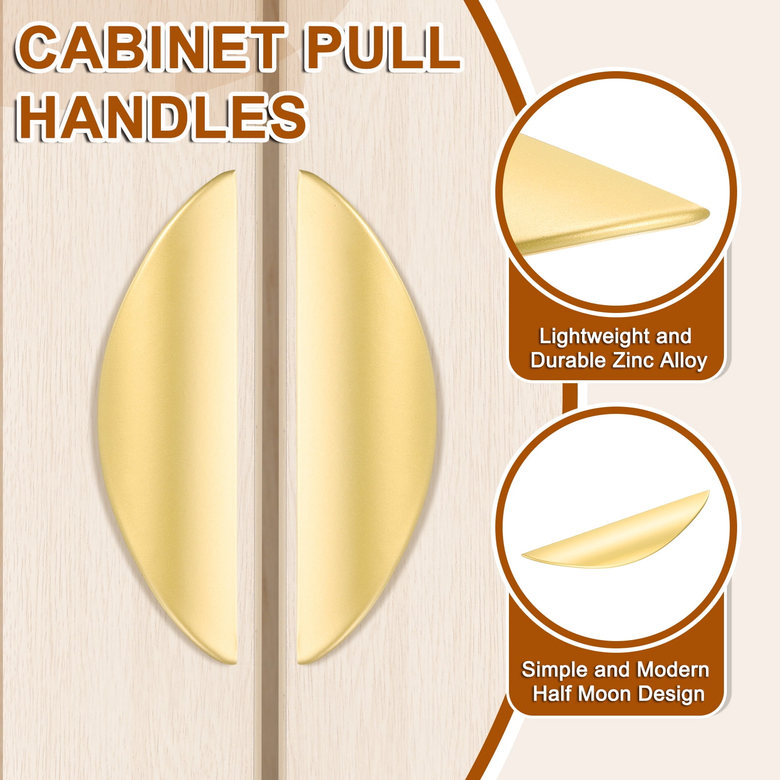 Uxcell 6 Pack Half Moon Cabinet Pull, 3.78" Hole Center Drawer Pulls Zinc Alloy Brushed Cabinet Pull Handles for Kitchen Cupboard Dresser Cabinet Hardware, Gold