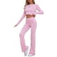thumbnail image 4 of Conjuntos de lounge para mujeres INSPIRE CHIC, top corto de manga larga, pantalones de campana con pliegue, pijama casual de 2 piezas, XS, rosa, 4 of 6