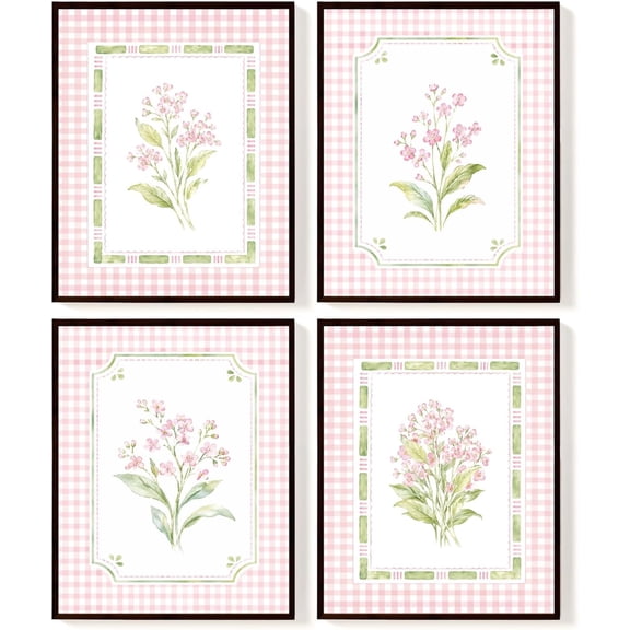 Girls Room Decor, Pink Floral Wall Art Posters Set of 4, Wildflower Botanical Prints, Coquette Garden Nursery Decor for Girls Bedroom Bathroom Dorm Playroom, 8x10 Unframed