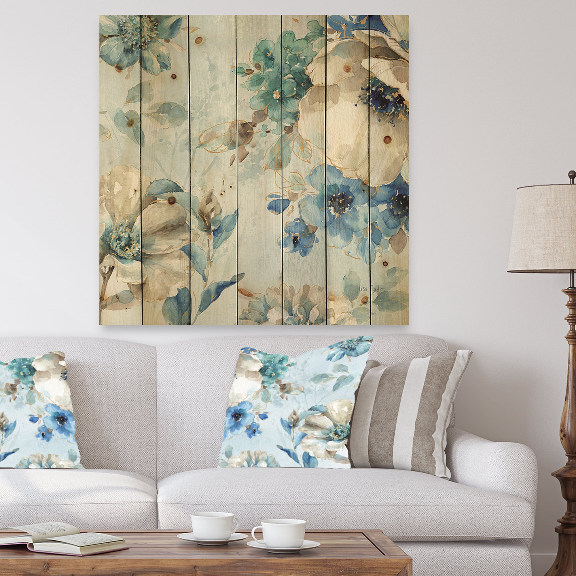 Designart 'Indigold Watercolor Lovely bird III' Farmhouse Print on Natural Pine Wood