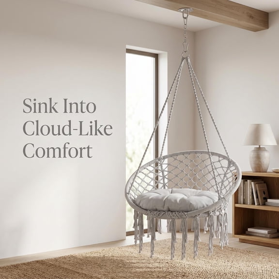 Thick Cushion Hanging Chair, Swing Chair for Bedroom, Portable Macrame Swing Chair for Bedroom Balcony with Installation Accessories