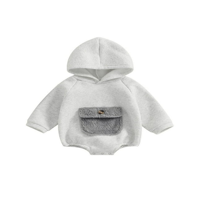 Baby Girls Boys Spring Autumn Hooded Romper Long Sleeve Contrast Color Romper with One Pocket