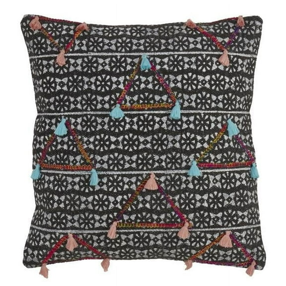 SARO 945.M18S 18 in. Square Geometric Print Down Filled Throw Pillow with Triangle Tassels - Multi Color