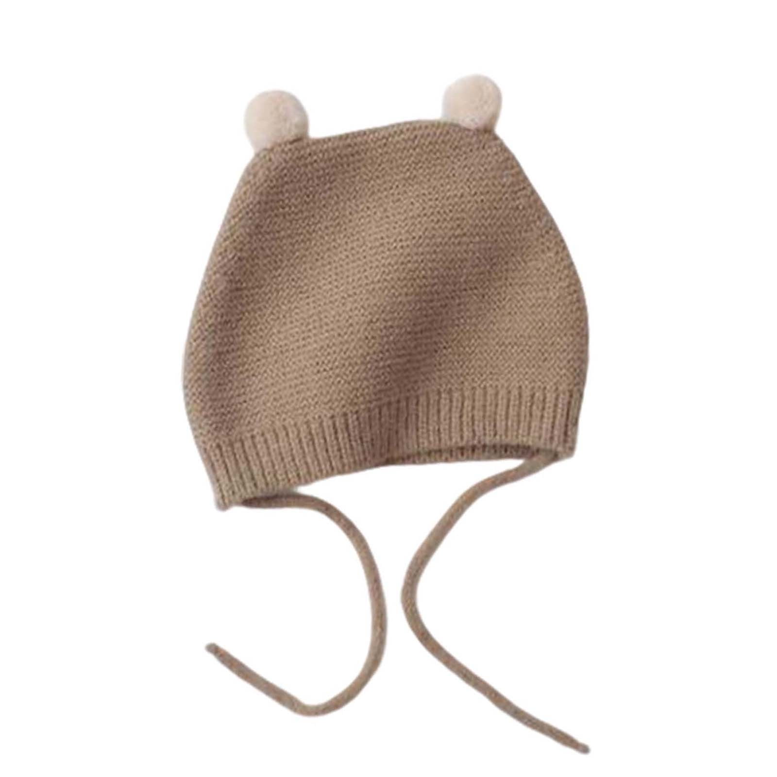 Jalioing Baby Knitted Poms Bonnet Winter Cute Warm Beanie Hat with Tie Strings Soft Newborn Cap for Boys Girls