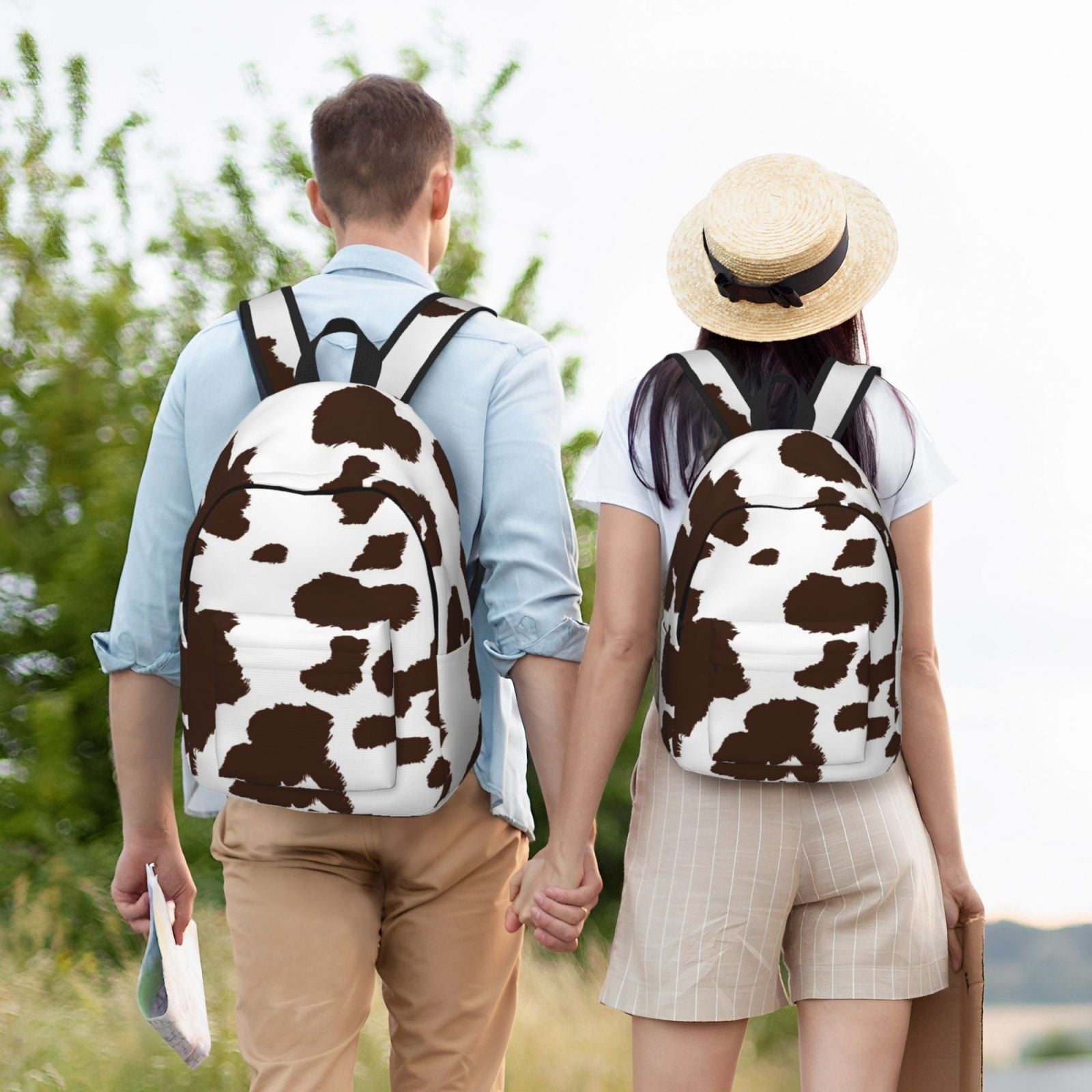 Picia Brown Cow Printed Canvas Daypack - Stylish and Durable Vintage Compact Backpack - Class, Work, Travel, or Laptop Bookbag,Organized Compartments-Small