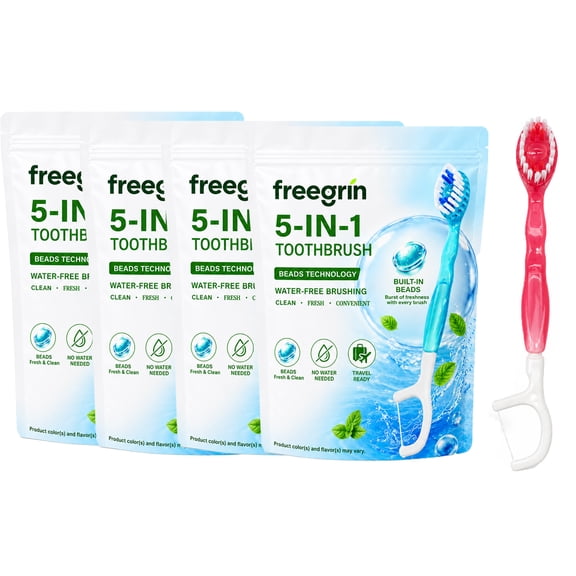 Freegrin 5 in 1 Disposable Toothbrushes with Toothpaste, Floss, Pick and Tongue Scraper, Individually Wrapped Travel Size, Peach Flavor, 48 Count