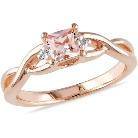 1/3 Carat T.G.W. Princess-Cut Morganite and Diamond Accent Pink Rhodium over Sterling Silver Cross-Over Ring