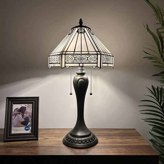 Tiffany Table Lamp White Hexagon Stained Glass LED Bulbs Included Pull Chain Switch for Living Room Bedroom Bedside 12"W*12"D*22"H