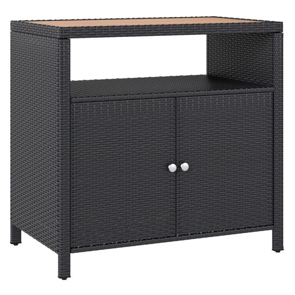 Outdoor Storage Cabinet Acacia Wood Top, Wicker Patio Bar Table, Two Doors Shelf, Black Pool Towel Organizer