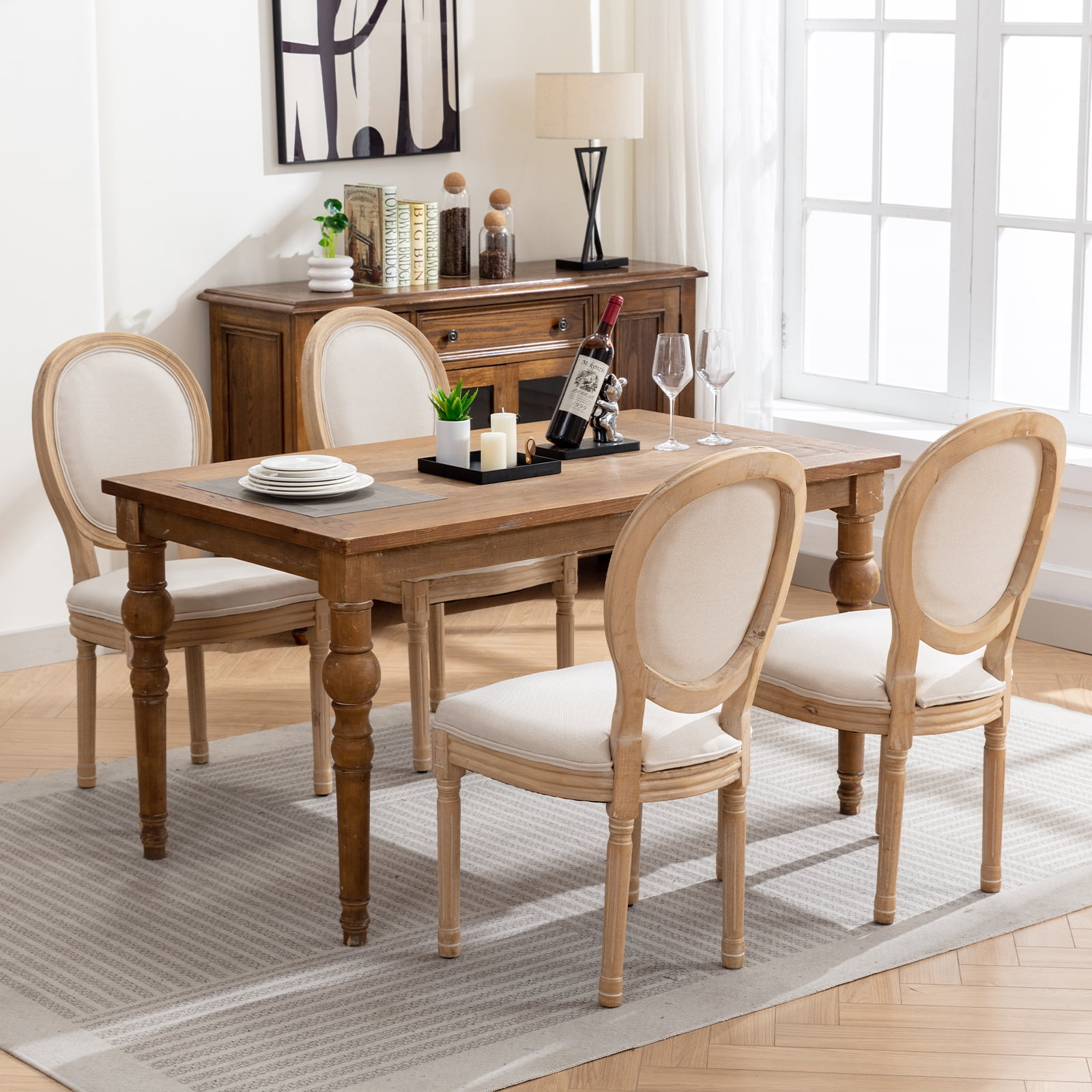 French Country Dining Chairs Set of 6, Cream Kitchen & Dining Room Chairs Set of 6, Ivory Linen Upholstered Dining Chairs, Wood Legs, Sillas De Comedor (Fabric, Beige, 6Pcs)