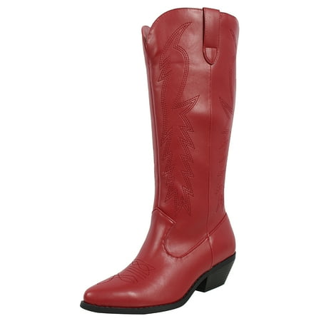 

Soda Women s Faux Leather Stitching Cowboy Knee High Boots Red 6 M US