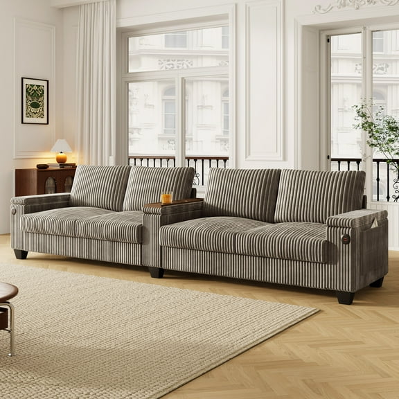 133" Modern Sofa,4-seater Corduroy Sofa Couch with USB Ports,Hidden Storage Arms, Flip-Top Cup Holders for Living Room,Brown
