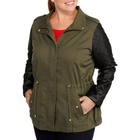 walmart plus size denim jacket with faux leather sleeve