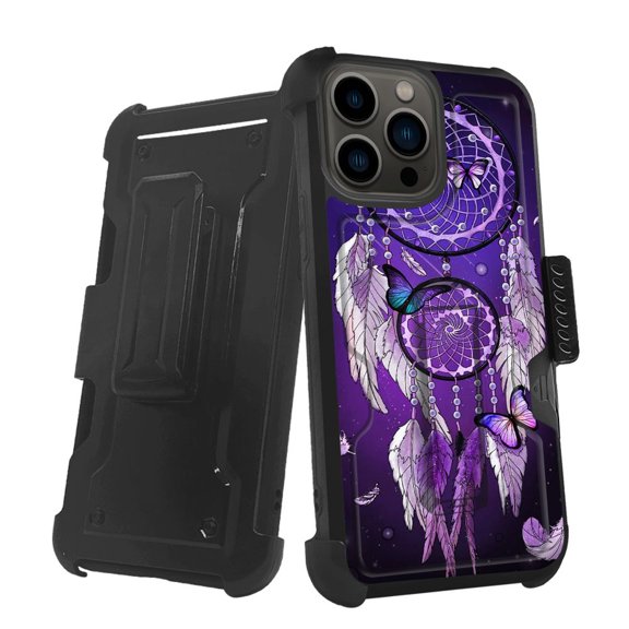 ANJ  Rugged Shockproof Holster Case w/Card Slot, Kickstand   Tempered Glass for iPhone 13 Pro (6.1") - Purple Dreamcatcher