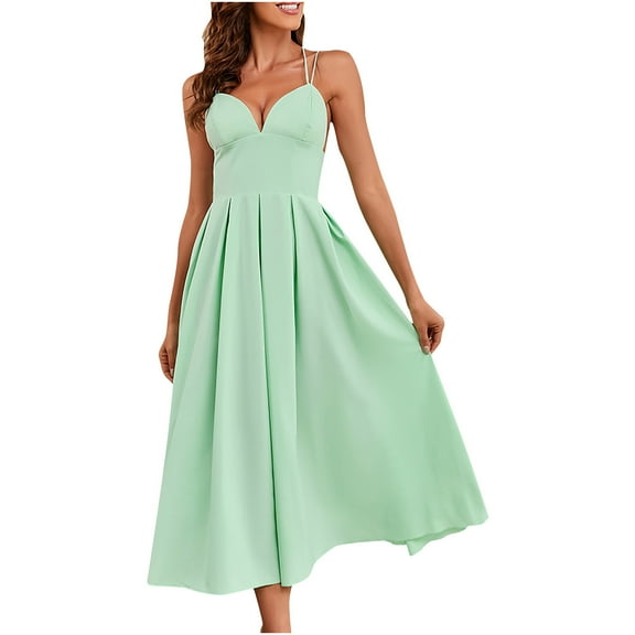 Womens Casual Sleeveless Backless Solid Color V Neck Dress Sexy Summer Boho Floral Formal Sundresses Wedding Guest Prom Bodycon Cocktail Dresses A68-3821