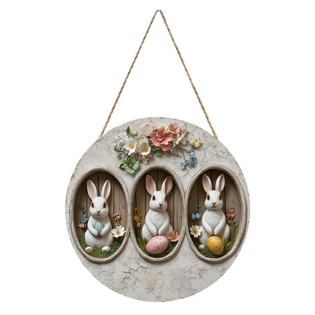 YWIYIUD 1PC Easter Wreath Rabbit Wooden Front Door Wreath 12 Inch, Easter Rabbit Eggs Wooden Sign, Round Easter Hanging Sign for Holiday Home Door Wall Farmhouse Decorations Indoors Outdoors