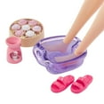 thumbnail image 5 of Barbie Self-Care Posable Doll, Blonde Spa Day Doll in Bathrobe with Puppy and Accessories, 5 of 9