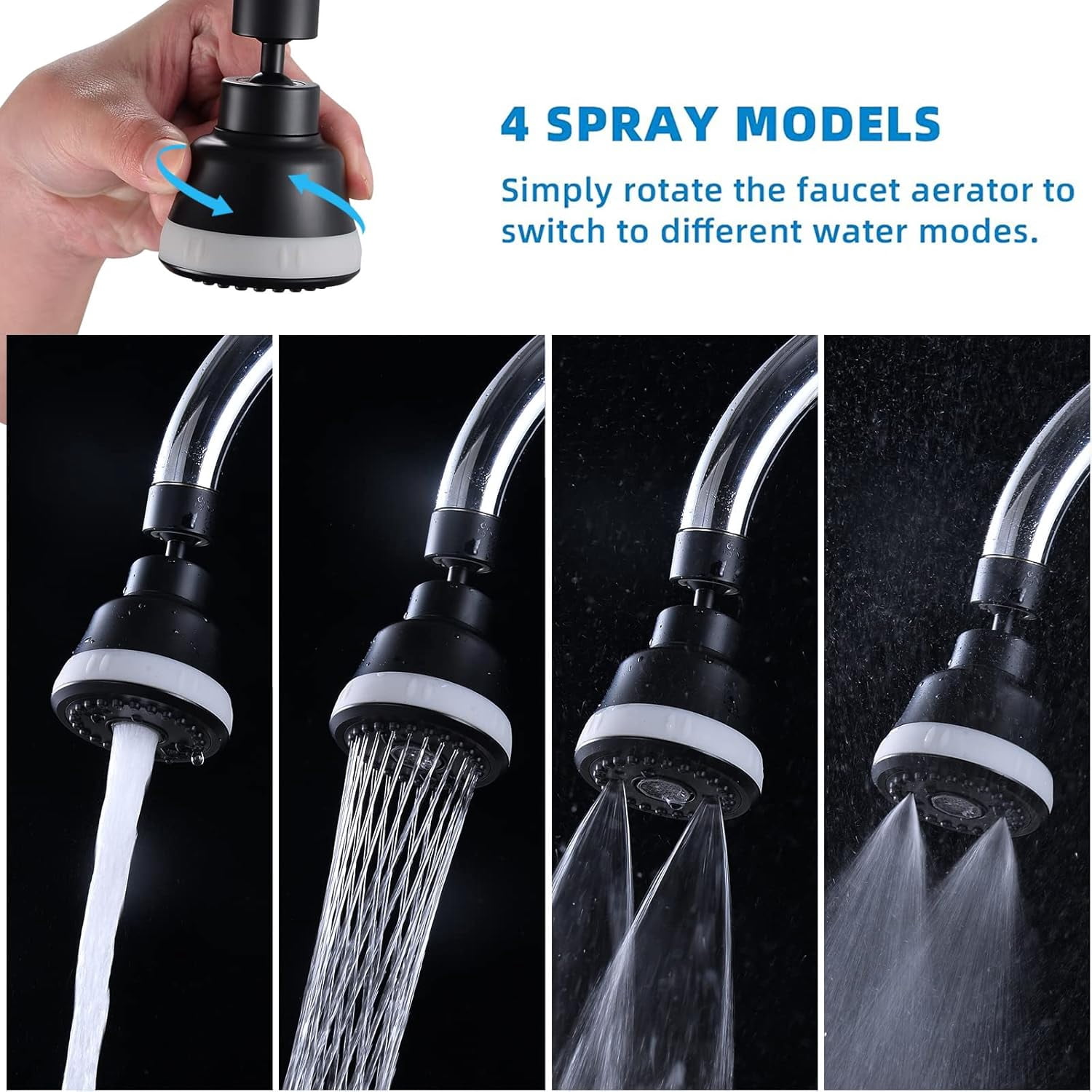 ABCISI 4 Spray Modes Faucet Aerator,360 Degree Faucet Sprayer Attachment,Big Angle Kitchen Faucet Aerator,Swivel Faucet Extender,Sink Sprayer Attachment for faucet,55/64 inch Female Thread (Black)