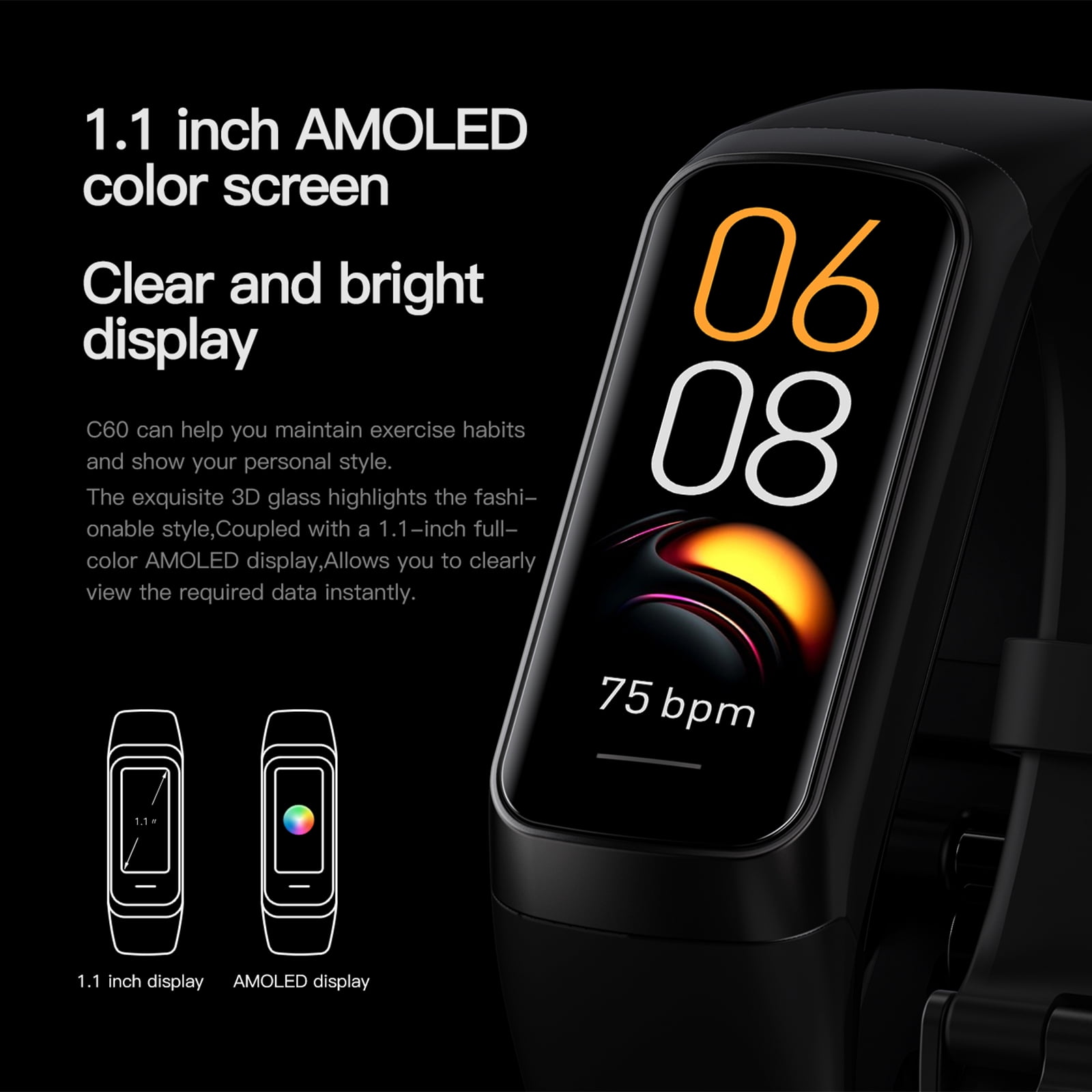 C60 Body Temperature Bracelet Watch Smart Sports Bracelet 3ATM Waterproof Heart Rate Blood Pressure Oxygen Body Temperature Monitoring Exercise Step Sports Smart Bracelet Camera Control Walmart