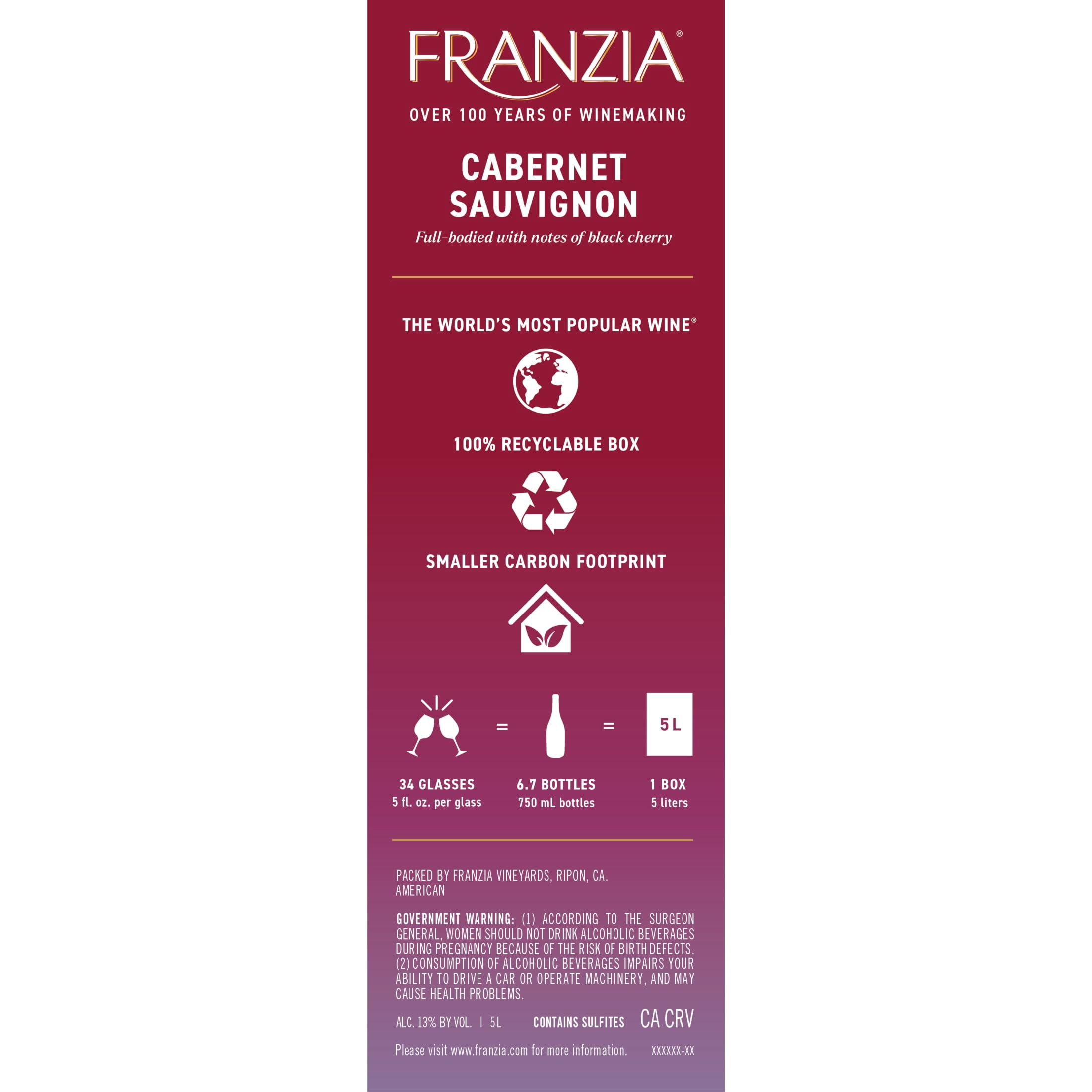 Franzia Cabernet Sauvignon, Red Wine, 5L