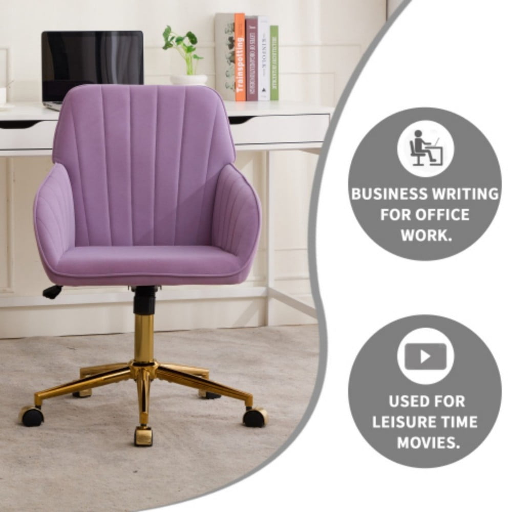 Ergonomic Office Chair, Upholstered Swivel Desk Chair with Memory Foam Cushion, Adjustable Backrest, Golden Metal Base for Home Office & Bedroom, Lilac