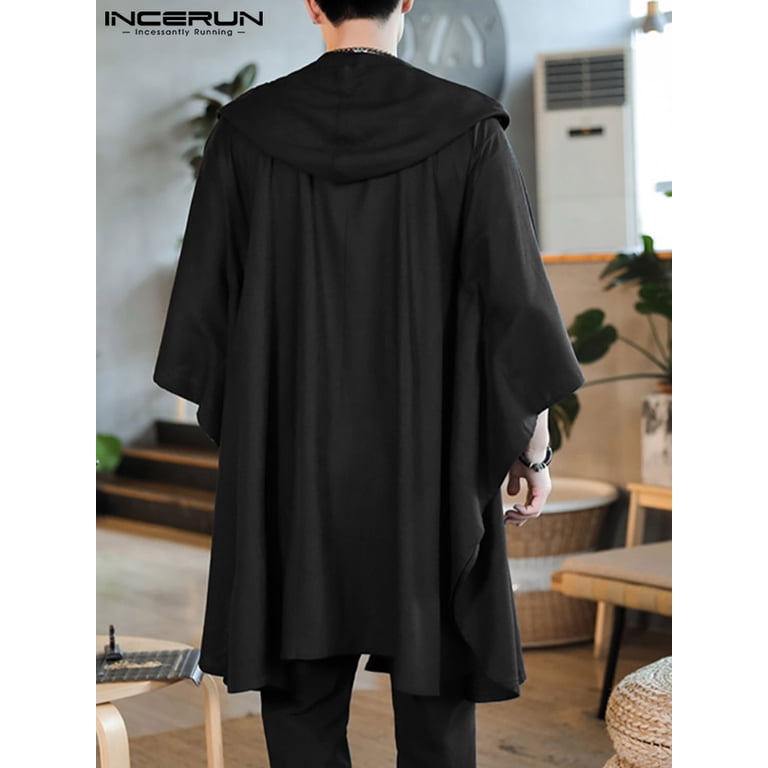INCERUN Men Vintage Hooded Cape Solid Color Long Sleeve Kimonos